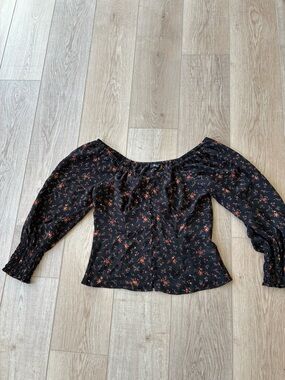 Madewell Black Floral Long Sleeve Button Front silky Women's Top Georgette 4